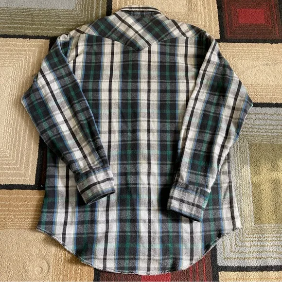 Vintage Wrangler Plaid Heavy Flannel Pearl Snap X-Long Tails Shirt Mens 16.5/34 - Picture 4 of 7